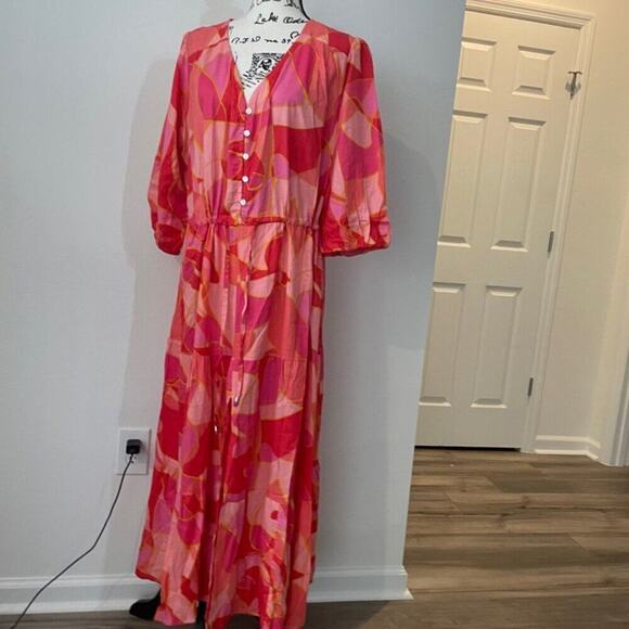 SMOCKED MAXI DRESS Sz 3XL PINK/ORANGE TIERED 3/4 Sleeve BOHO CHIC 100% RAYON - Picture 3 of 16